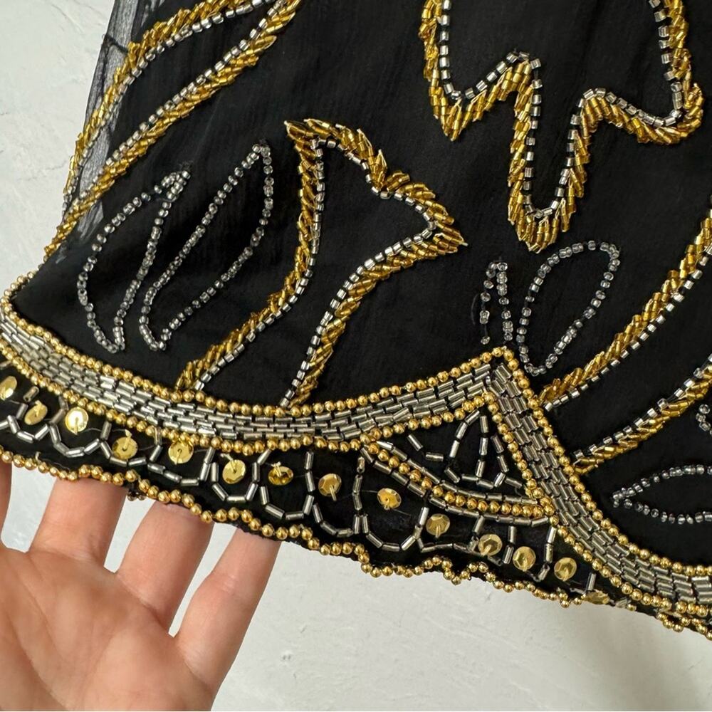 Vintage Black Silk Fully Beaded Formal Blouse Womens 2X Gold & Silver Glam - Picture 9 of 12